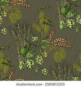 Seamless Pattern with hops and wheat. Color sketch style hand drawn background. Detailed illustration, hand drawn. Great for fabric and textile, prints, invitation, packaging, or any desired idea.
