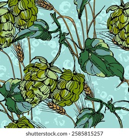 Seamless Pattern with hops and wheat. Color sketch style hand drawn background. Detailed illustration, hand drawn. Great for fabric and textile, prints, invitation, packaging, or any desired idea.