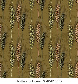 Seamless Pattern with hops and wheat. Color sketch style hand drawn background. Detailed illustration, hand drawn. Great for fabric and textile, prints, invitation, packaging, or any desired idea.