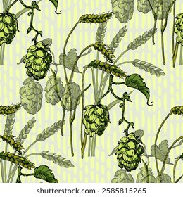 Seamless Pattern with hops and wheat. Color sketch style hand drawn background. Detailed illustration, hand drawn. Great for fabric and textile, prints, invitation, packaging, or any desired idea.