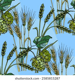Seamless Pattern with hops and wheat. Color sketch style hand drawn background. Detailed illustration, hand drawn. Great for fabric and textile, prints, invitation, packaging, or any desired idea.