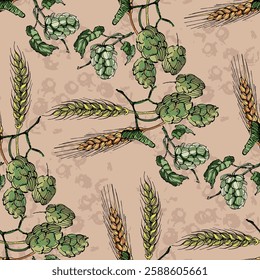 Seamless Pattern with hops and wheat. Color sketch style hand drawn background. Detailed illustration, hand drawn. Great for fabric and textile, prints, invitation, packaging, or any desired idea.