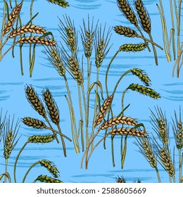 Seamless Pattern with hops and wheat. Color sketch style hand drawn background. Detailed illustration, hand drawn. Great for fabric and textile, prints, invitation, packaging, or any desired idea.