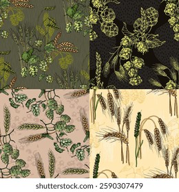 Seamless Pattern with hops and wheat. Color sketch style hand drawn background. Detailed illustration, hand drawn. Great for fabric and textile, prints, invitation, packaging, or any desired idea.