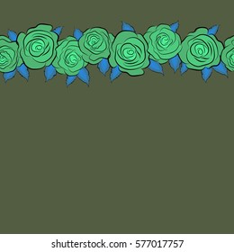 Seamless pattern with horizontal abstract green and blue stylized roses with copy space (place for your text). Vector illustration.