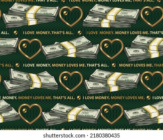 Seamless pattern with horizontal aligned wads of 100 dollar banknotes, gold heart shaped frame, texture with wavy lines behind, text. Detailed vector illustraton.