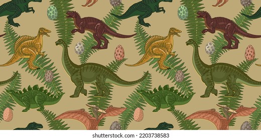 Seamless pattern. Horizontal banner. Dinosaurs with eggs and leaves. Vintage retro style in brown and green tones. Illustration vector.