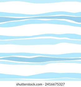 Seamless pattern of horizontal blue waves reminiscent of sea surf. Wavy blue stripes on a white background. Summer fabric pattern. Flat vector illustration.