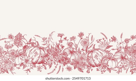 Seamless pattern horizontal border with flowers and pumpkins. Autumn background. Harvest festival. Engraving style. Red