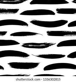 Seamless pattern with horizontal brush strokes. Hand drawn feathers imitation. Ink lines texture. Modern monochrome background. Vector ornament for wrapping paper, wallpapers, web design etc.