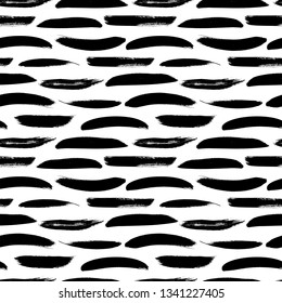 Seamless pattern with horizontal brush strokes. Hand drawn feathers imitation. Ink lines texture. Modern monochrome background. Vector ornament for wrapping paper, wallpapers, web design etc.