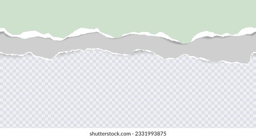 Seamless pattern of horizontal colored torn stripes paper with torn adges and soft shadow. Green gray ripped paper. Design template for text or message on transparent background. Vector illustration