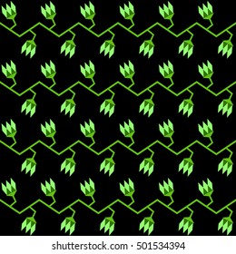 Seamless pattern with horizontal floral garlands in geometric shapes on the black background. Seamless flower stems in monochrome green colors. Vector.
