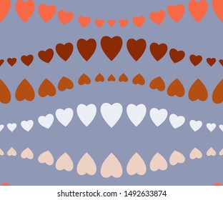Seamless pattern of horizontal heart wavy lines. Abstract texture. Loving emotion nervousness, great passion, cardiac theme. Orange, red, white hearts on gray background. Vector.