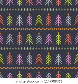 Seamless pattern with horizontal lines from decorative fir trees in blue, green, pink and red colors, white snowflakes and orange triangles on dark blue background