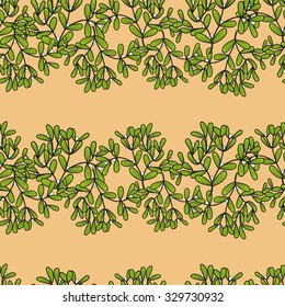 Seamless pattern with horizontal mistletoe twigs. Vector doodle illustration