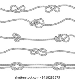 Seamless pattern of horizontal ropes set with different knots sketch style, vector illustration isolated on white background. Horizontal dividers collection of marine or climbing knotted cord strings