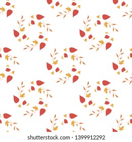 Seamless pattern with horizontal round frames of orange branches, yellow and red leaves on white background. Endless background for your design.
