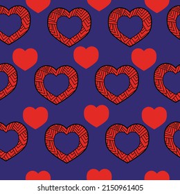 Seamless pattern of horizontal rows of hearts with patterns for Valentines Day, red doodle hearts on a blue background vector illustration