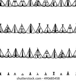 Seamless pattern with horizontal rows of wigwams. You can create web page background, wallpaper, gift wrap, packaging paper, scrapbooking, wedding invitations, printed fabrics, party decorations.