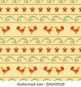 Seamless pattern in horizontal stripes with birds and flowers of red-orange color and green branches on a light yellow background. Vector.