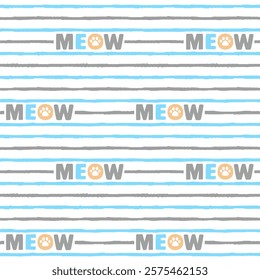 Seamless pattern. Horizontal stripes with fuzzy edges and meow text