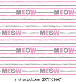 Seamless pattern. Horizontal stripes with fuzzy edges and meow text