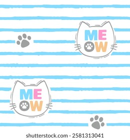 Seamless pattern. Horizontal stripes with fuzzy edges and meow text