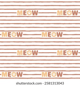 Seamless pattern. Horizontal stripes with fuzzy edges and meow text