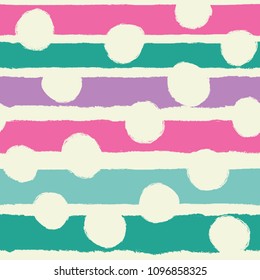 Seamless pattern with horizontal stripes and polka dots in pastel colors. Expressive dry brushes.