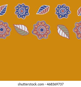 Seamless pattern of horizontal stylized floral motif, hole, spots, flowers, doodles. Hand drawn. Seamless floral background.