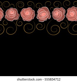 Seamless pattern with horizontal stylized pink and yellow roses. Vintage floral background with copy space (place for your text). Can be use as digital paper, fills or print off onto fabric.
