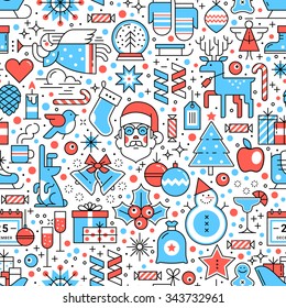 Seamless pattern. Horizontal and vertical. Merry Christmas and New Year. Flat style thin line art icons set isolated on white background.