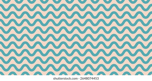 Seamless pattern with horizontal wavy lines, stripes. Simple vector geometric texture with waves, curves, squiggly shapes. Abstract turquoise and beige funky background. Repeated all-over geo design