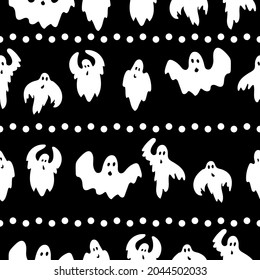 Seamless pattern of horizontally arranged flying ghosts and dots, white spirits in doodle style on a black background vector illustration