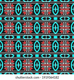 Seamless pattern with horizontally oriented ethnic ornament. Blue-red colors, black background. Northern theme. Vector illustration