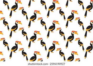 Seamless pattern of hornbills with black feathers and orange beaks on a white background. Ideal for fabric, wallpaper, and digital designs.