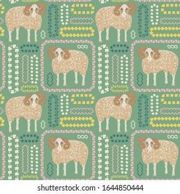 Seamless pattern of horned ram with ethnic ornament elements. Repeatable textile vector print, wallpaper design.