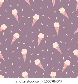 Seamless pattern of horns with ice cream on a lilac background