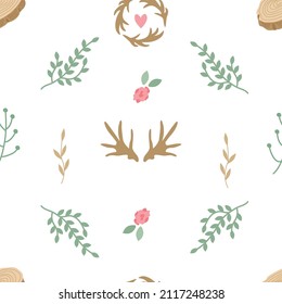 Seamless pattern with horns, tree branches, dried flowers, roses, hearts in rustic style. Simple elegant vector background for printing on fabric, paper, packaging, wallpaper