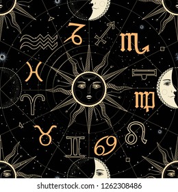 Seamless pattern with the Horoscope circle with Zodiac signs, sun, moon and stars. Vector illustration