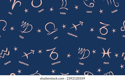 Seamless pattern with horoscope signs and constellations. Vector illustration