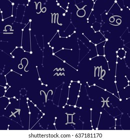 Seamless pattern with horoscope signs and constellations. Vector illustration