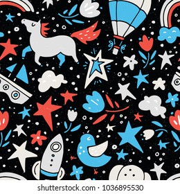 Seamless pattern with horse, airballoon, rocket. Perfect background for wallpaper.