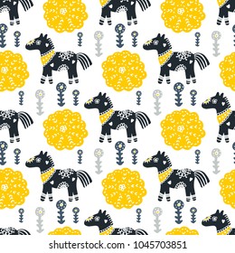 Seamless pattern with horse, flowers and hand-drawn elements. Children's texture. Great for fabric, textile vector illustration