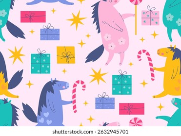 Seamless pattern with horse, gift box, candy. Holiday design for 2026 new year. Christmas background with horse