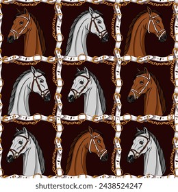 Seamless pattern with horse head and belts. Vector