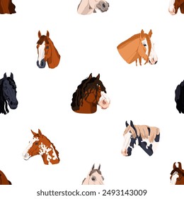 Patrón sin fisuras, cabezas de caballo, diferentes razas. Fondo sin fin para tela, Fondo de pantalla y envoltura. Diseño de animal equino repetible. Pura raza, impresión repetida. Ilustración vectorial plana