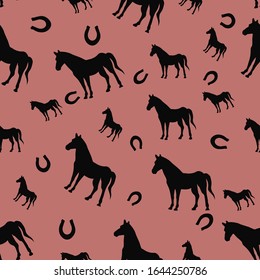 Seamless pattern with horse and horseshoe. Animals illustration, Vector card on color  background for design, kids decor, wrapping, textile