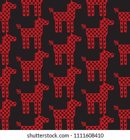 Seamless pattern horse Ornament of Russian folk embroidery, red contour on black background. Can be used for fabrics, wallpapers, websites. Vector
